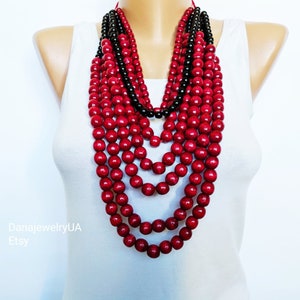 Red big wooden bead necklaces for women,Large bead necklace,Long multi strand wood bead necklace,Statement big bold necklace,Chunky necklace