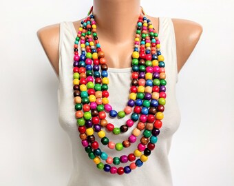 Multi color big wooden beaded necklace for women,Large long multi strand necklace,Wood necklace,Statement big bold necklace,Chunky necklace