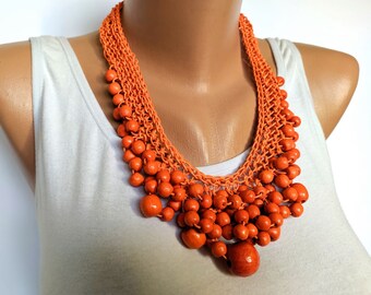 Multi layer orange yellow bead necklace,Crochet beaded necklace,Multi strand wood bead necklace,Handmade unique bead necklace,Wooden jewelry