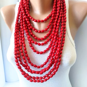 Extra large multi strand bead necklace for women,Red big wood bead necklace,Big bead necklace,Large wood necklace,Big chunky bead necklace