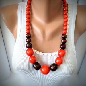 Orange Chunky necklace,Wooden bead necklace,Big Bold necklace,Wood necklace,Boho necklace,Long beaded necklace,Big bead necklace,Gifts