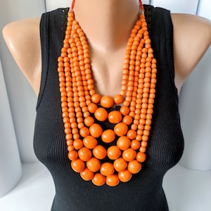 Orange big beaded necklace,Large multi strand bead necklace,Wood bead necklace,Statement bead necklace,Chunky bead necklace,Orange necklace