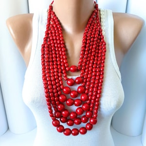 Statement red necklace,Large beaded necklace,Big wooden bead necklace,Multi layer wooden bead necklace,Big Chunky necklace,Big bold necklace