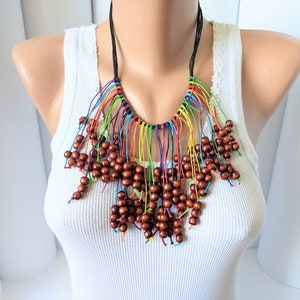 Statement wood bib necklace,Large chunky beaded necklace,Wooden boho necklace,Chunky big bead necklace,Multi layer wood bead necklace
