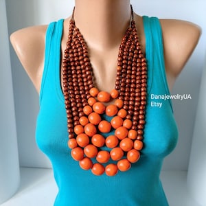 Orange brown large beaded necklace for women,Big long multi strand bead necklace,Wood bead necklace,Statement bold necklace,Chunky necklace