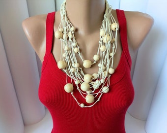 White beige multi layer bead necklace,Multi strand bead necklace,Layer Wood bead necklace,Layering Boho bead necklace,Layered bead necklace