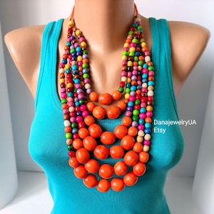 Multi color orange Large necklace,Big wooden necklace,Long multi strand necklace,Big Wood bead necklace,Statement big bold necklace,Jewelry