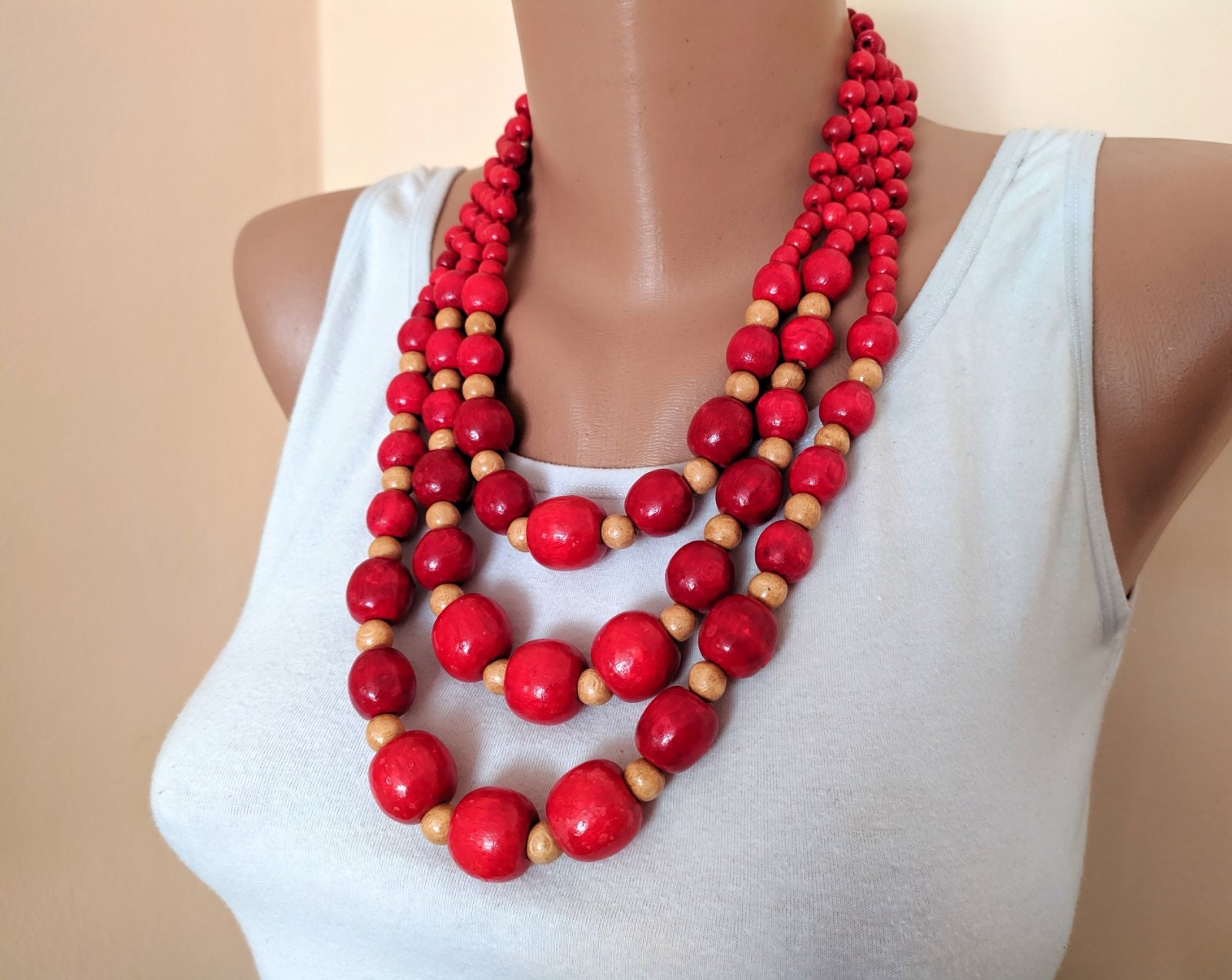 Red bead necklace for womenLarge wood bead necklaceChunky | Etsy
