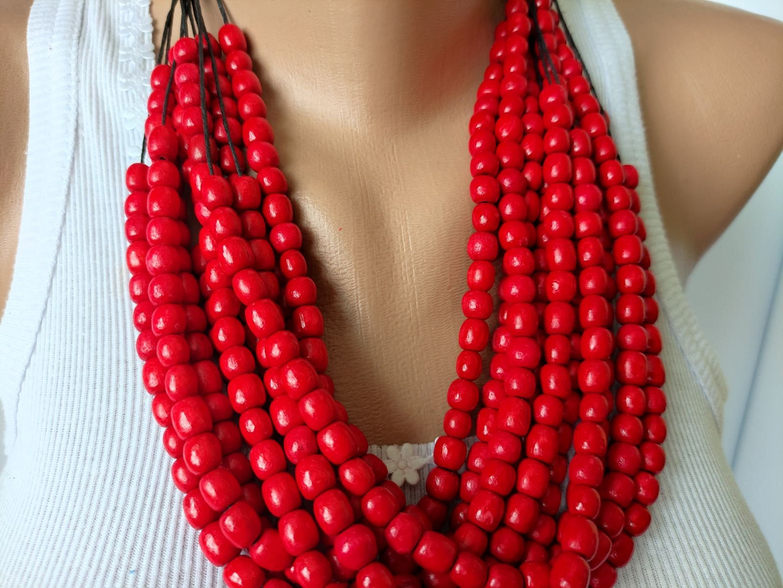 Rote Layered Bead HalsketteLayering Holz HalsketteChunky | Etsy