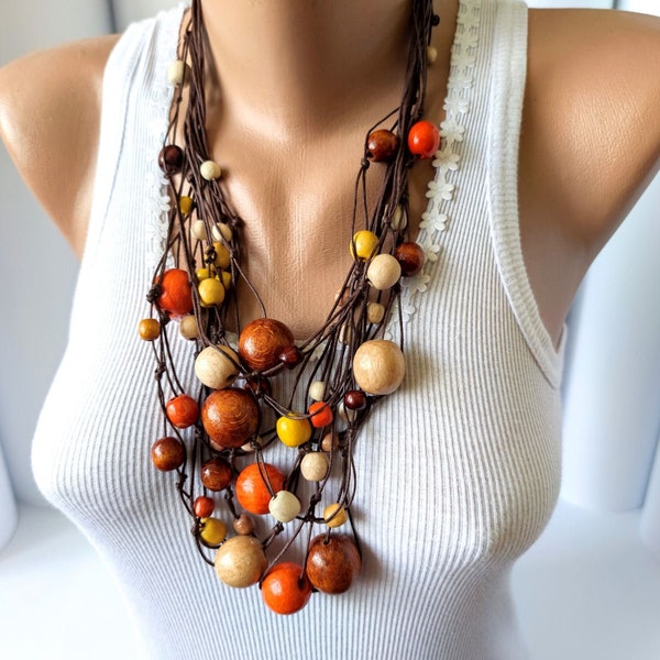 Orange brown Multi strand bead necklace,Layered wood bead necklace,Multi layer bead necklace,Layering beaded necklace,Autumn bead necklace