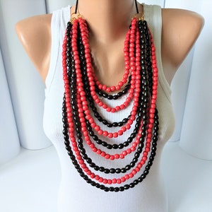 Red black big bead necklace,Large multi layer bead necklace,Big long Wooden bead necklace,Statement big necklace,Big Chunky beaded necklace