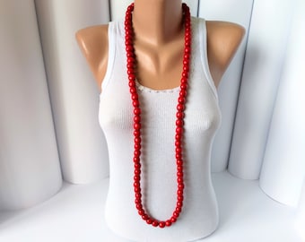 Red long necklace for women,Red beaded jewelry,Chunky wooden bead necklace,Long boho necklace,Wood chunky necklace,Long Wood necklace,Gifts