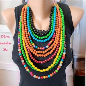 Multi color large chunky bead necklace,Large multi strand necklace,Big long Wooden necklace,Statement bold necklace,Chunky wooden necklace