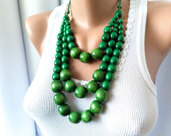 Green Multi layer bead necklace for women,Chunky wooden bead necklace,Wood bead necklace,Multi strand bead necklace,Wooden bead necklace