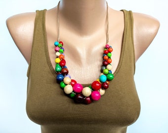 Multi color beaded necklace,Bib necklace,Chunky wooden bead necklace,Wood bead necklace,Wooden necklace,Bold necklace,Wood necklace,Jewelry