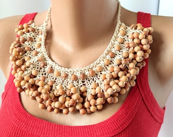 Crochet Collar bead necklace,Wide crochet bead necklace,Wooden bead necklace,Large wood bead necklace,Big bead necklace,Chunky wood necklace