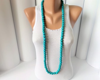 Blue long wooden beaded necklace,Wood bead necklace,Long chunky necklace,Wooden bead necklace,Chunky bold necklace,Long Wooden necklace,