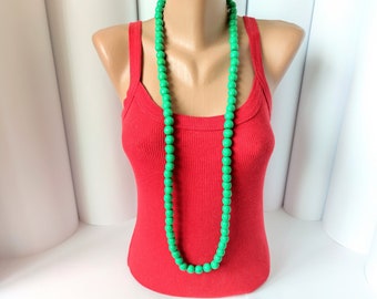 Green long bead necklace,Extra long Wooden bead necklace,Long Wood bead necklace,Long Chunky necklace,Boho bead necklace,Wood beaded jewelry