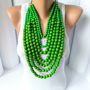 Statement big gren necklace,Large chunky bead necklace,Big multi strand wooden necklace,Multi layer big bead necklace,Big bold Wood necklace