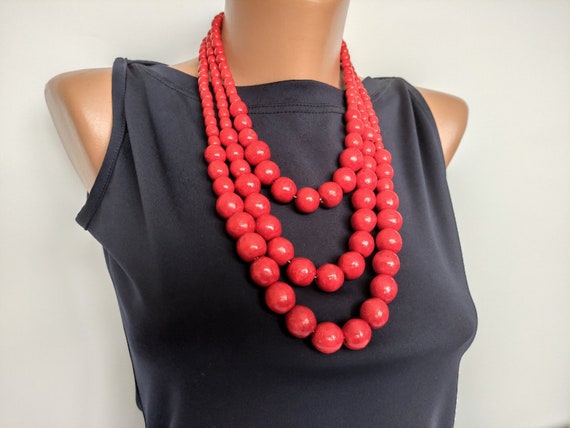 Red beaded necklace Gift Ideas for Women chunky multistrand necklace wooden bead necklace
