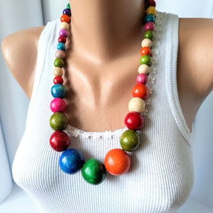 Colorful chunky bead necklace,Wooden big bold necklace,Big bead necklace,Large Chunky necklace,Wooden chunky necklace,Long beaded necklace