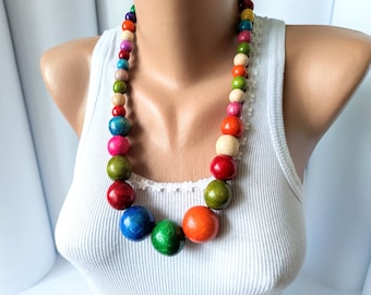 Colorful chunky bead necklace,Wooden big bold necklace,Big bead necklace,Large Chunky necklace,Wooden chunky necklace,Long beaded necklace