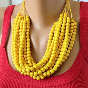 Yellow layered necklace,Layering wooden bead necklace,Chunky bead necklace,Multi Layer Wood bead necklace,Multi strand bead necklace,Jewelry