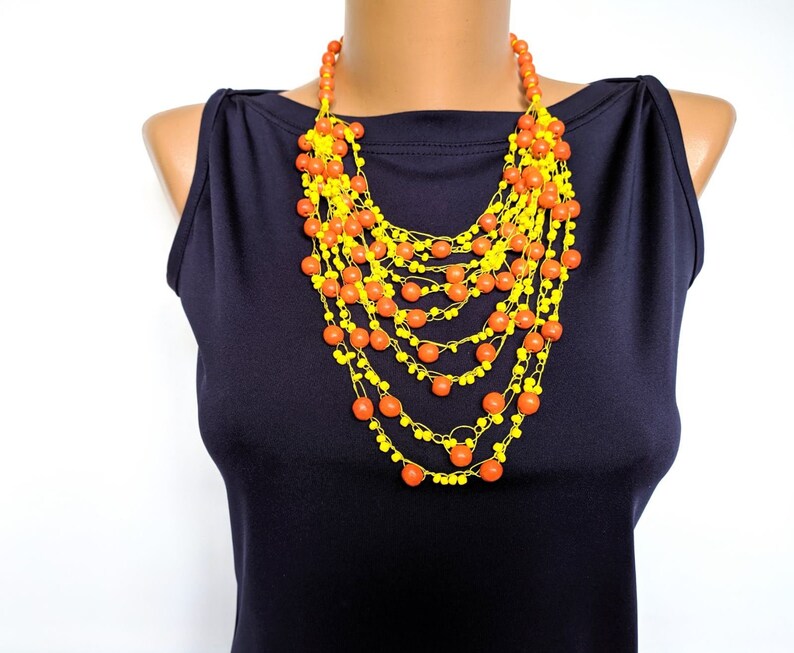 Multi layer orange yellow bead necklace,Crochet beaded necklace,Multi strand wood bead necklace,Handmade unique bead necklace,Wooden jewelry