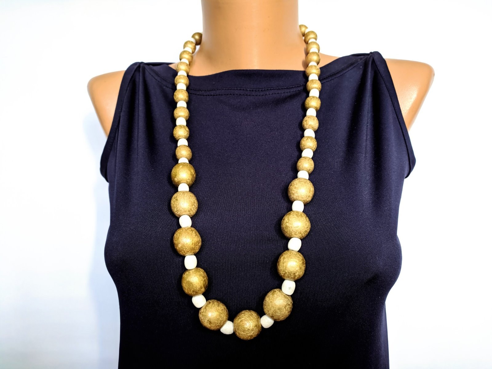 Wooden long necklace for womenGold white wood bead Etsy