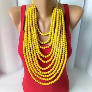 Statement wooden bead necklace,Large chunky bead necklace,Big multi strand wood bead necklace,Multi layer yellow bead necklace,Wood necklace