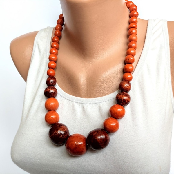 Brown wooden beaded necklace,Long bead necklace,Chunky bead necklace,Big bead necklace,Wood bead necklace,Big bead necklace,Wooden jewelry