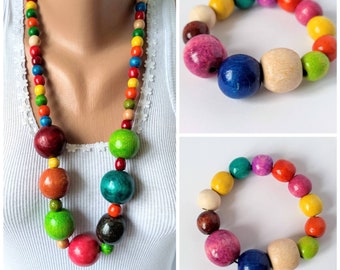 Ensembles de colliers de perles épaisses colorées, bracelet collier de perles de bois, ensemble de bijoux en perles, collier de perles en bois, collier de perles longues, grand collier audacieux