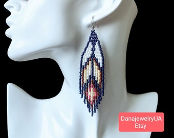 Long blue beaded earrings,Long fringe earrings,Seed bead earrings,Bead woven earrings,Dangle earrings,Long Boho earrings,chandelier earrings