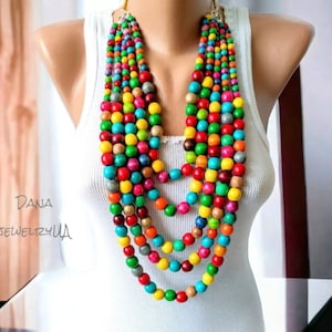 Multi color big wooden beaded necklace for women,Large long multi strand necklace,Wood necklace,Statement big bold necklace,Chunky necklace