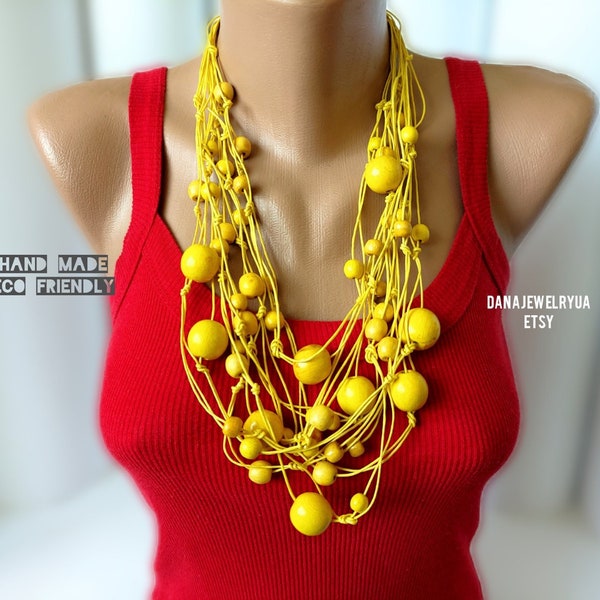 Yellow multi strand wood necklaces for women,Large layered necklace,Layering wooden necklace,Multi layer Long wood boho necklace,Gifts