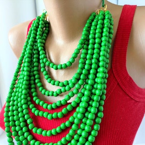 Statement green necklace,Large chunky necklace,Big beaded necklace,Multi layer wood bead necklace,Big boho necklace,Wood bead necklace,Gifts