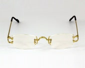Vintage Gold Frame Rimless Sunglasses - Clear Lens Retro Buffs Oval Hip Hop Pop Smoke Wood Tint Glasses Cartier Rapper Wooden Mens Frameless