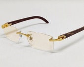 Vintage Gold Wood Frame Rimless Sunglasses - Clear Lens Retro Buffs Oval Hip Hop Quavo Glasses Migos Cartier Rapper Wooden Mens Frameless