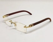 Vintage Gold Wood Frame Rimless Sunglasses - Clear Lens Retro Buffs Oval Hip Hop Quavo Glasses Migos Cartier Rapper Wooden Mens Frameless