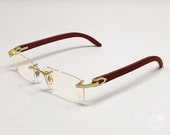 Vintage Gold Wood Frame Rimless Sunglasses - Clear Lens Retro Buffs Oval Hip Hop Pop Smoke Glasses Cartier Rapper Wooden Mens Frameless
