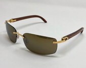 Vintage Gold Wood Frame Rimless Sunglasses - Retro Buffs Hip Hop Quavo Glasses Migos Cartier Rapper Wooden Mens Frameless Oval Clear Lens