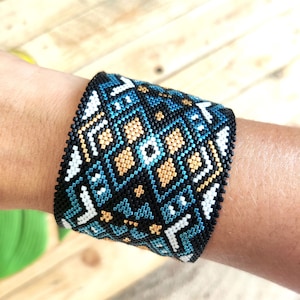 Miyuki Bangle Cuff &quot;White Blue Gold&quot;, Extra-Large Boho Jewelry in Miyuki Beads, Handmade Jewelry, Ethical