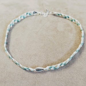 Miyuki &quot;Scandia&quot; Handmade Choker Necklace, Blue, White and Silver Beads and Cowrie Shell, Boho Jewelry in 925 Silver