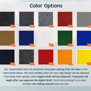 Puede incluir: Opciones de color para alfombras personalizables. Los colores se muestran en una cuadr&iacute;cula de 15 cuadrados. Los colores incluyen negro, gris, marr&oacute;n, azul, blanco, verde, rojo, naranja y amarillo. Nuestras alfombras personalizables se producen utilizando corte por l&aacute;ser de las alfombras en los colores enumerados anteriormente. Los colores m&aacute;s adecuados para el dise&ntilde;o de su logotipo se pueden seleccionar de estas opciones de color, y se preparar&aacute; un borrador digital. La producci&oacute;n comenzar&aacute; despu&eacute;s de que apruebe el borrador digital. Esto no es impresi&oacute;n; es una alfombra de corte l&aacute;ser de color m&aacute;s duradera y no se desvanece.