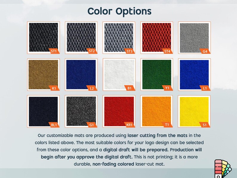 Puede incluir: Opciones de color para alfombras personalizables. Los colores se muestran en una cuadr&iacute;cula de 15 cuadrados. Los colores incluyen negro, gris, marr&oacute;n, azul, blanco, verde, rojo, naranja y amarillo. Nuestras alfombras personalizables se producen utilizando corte por l&aacute;ser de las alfombras en los colores enumerados anteriormente. Los colores m&aacute;s adecuados para el dise&ntilde;o de su logotipo se pueden seleccionar de estas opciones de color, y se preparar&aacute; un borrador digital. La producci&oacute;n comenzar&aacute; despu&eacute;s de que apruebe el borrador digital. Esto no es impresi&oacute;n; es una alfombra de corte l&aacute;ser de color m&aacute;s duradera y no se desvanece.