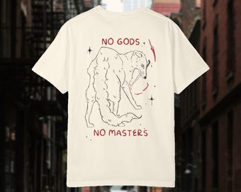 Comfort Colors No Gods No Masters T-shirt met hondenillustratie | T-shirt met anarchistische slogan