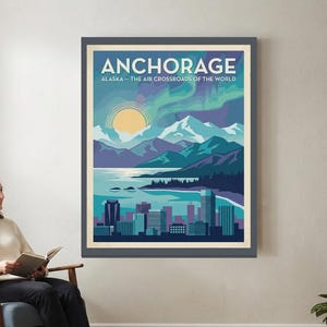 May include: A rectangular wall art print featuring a stylised illustration of the Anchorage, Alaska skyline. The image displays a yellow sun, green aurora borealis, snow-capped mountains, and a blue cityscape with the text ANCHORAGE ALASKA.