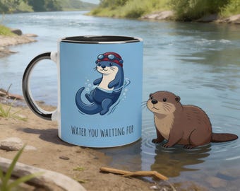 Swimming Otter Mug • “Water you waiting for” • Ceramic Coffee Cup