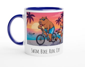 Triathlon Mug • “Swim. Bike. Run. Cry.” • Funny Triathlete Gift • Ironman Training Humor • Endurance Athlete Coffee Cup