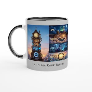 Pode incluir: Caneca de cerâmica branca com interior e alça pretos. A caneca apresenta um design colorido com uma torre do relógio e as palavras "EAT. SLEEP. CODE. REPEAT." O design inclui imagens de comer, dormir, codificar e repetir.